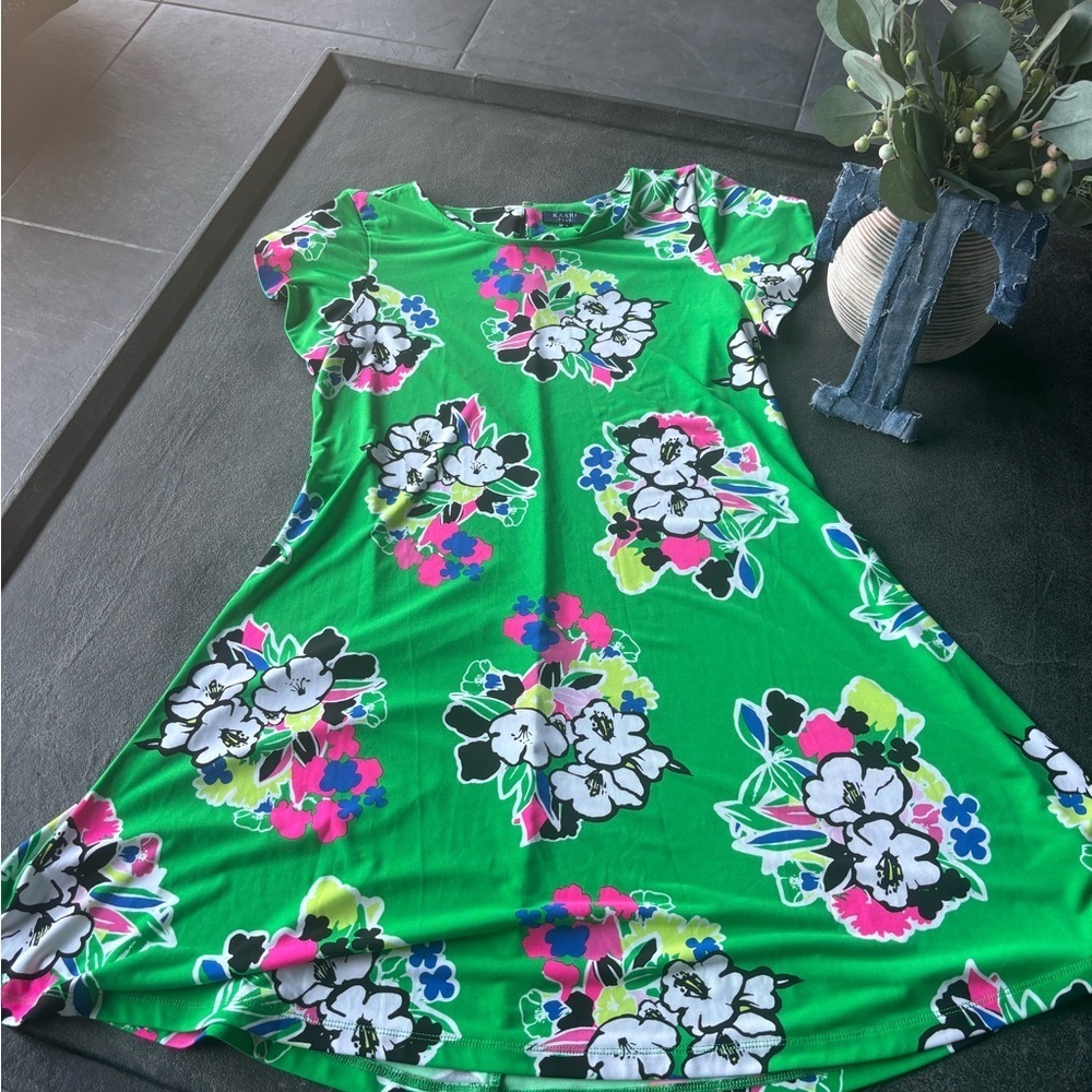Kaari Blue Green Floral A-Line Dress | Size L | Bold & Bright Print